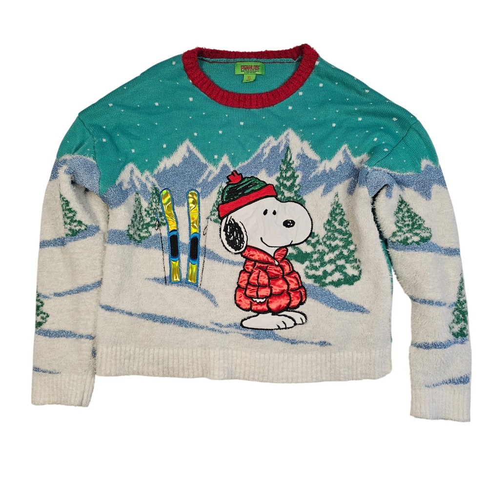 Peanuts Snoopy Winter Ski Mountain Landscape Sweater Teal Red XL